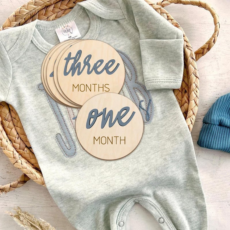 eoscasely Baby Monthly Milestone Markers Disc, Wooden 3D Milestone Cards for Photos, Baby Announcement Sign,Slate Blue, 1-12 Months, 4 Inches in Size. - Image 3